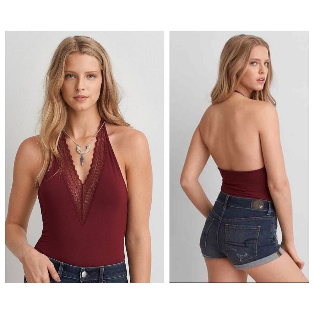 AEO American Eagle Essentials Soft & Sexy Lace Trim Halter Bodysuit Maroon Red